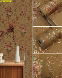 วอลเปเปอร์ลายดอกไม้โทนน้ำตาลเขียวแนววินเทจ เหมาะกับตกแต่งผนังร้านอาหารและบ้าน สร้างบรรยากาศอบอุ่น เป็นธรรมชาติ