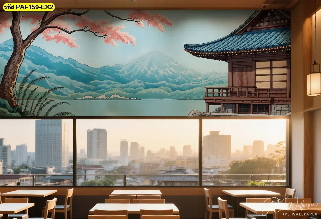 ตกแต่งร้านอาหารญี่ปุ่นด้วยภาพทิวทัศน์ภูเขาและวอลเปเปอร์สั่งทำลายบ้านญี่ปุ่นริมน้ำเพิ่มความสวยงามน่าจดจำ
