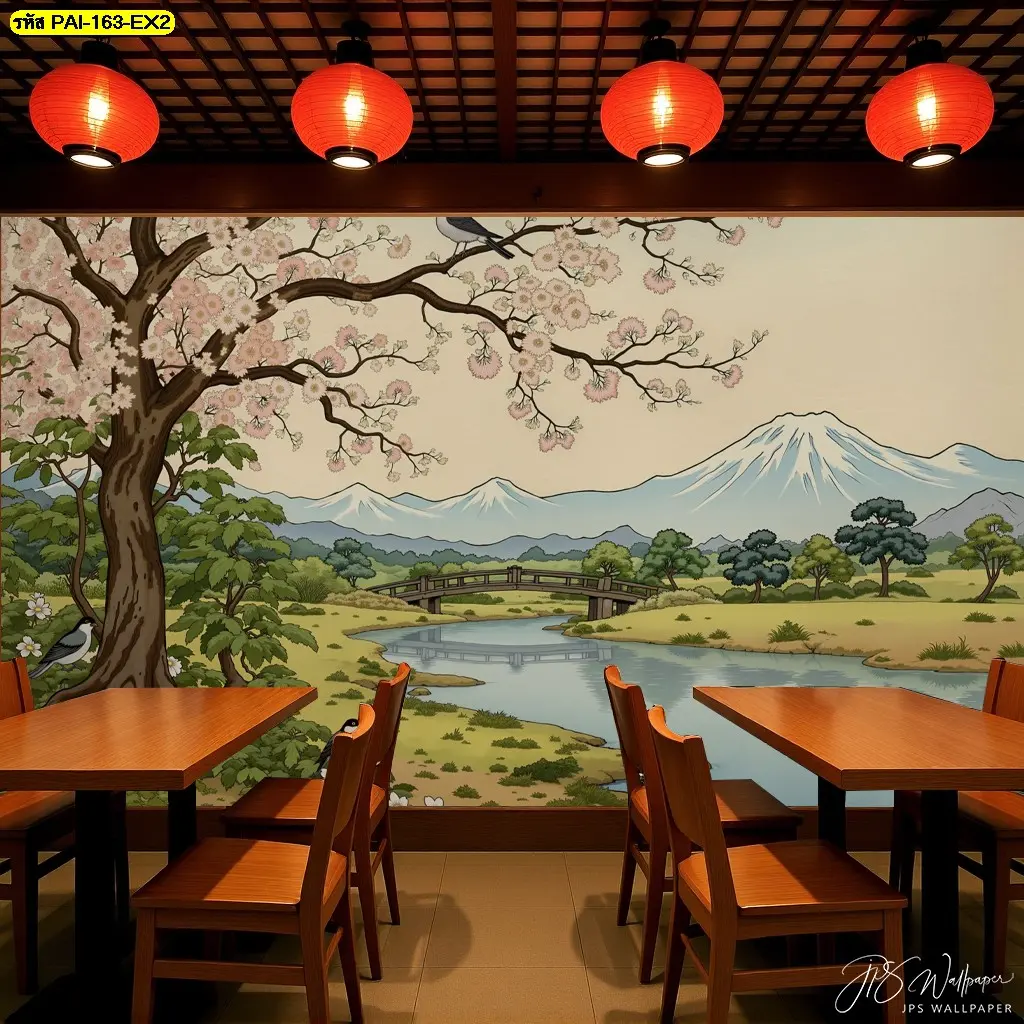 วอลเปเปอร์ติดผนังร้านอาหารญี่ปุ่นสวยๆ ลายเส้นพู่กันโบราณ ให้ความรู้สึกเหมือนได้ไปเยือนประเทศญี่ปุ่น