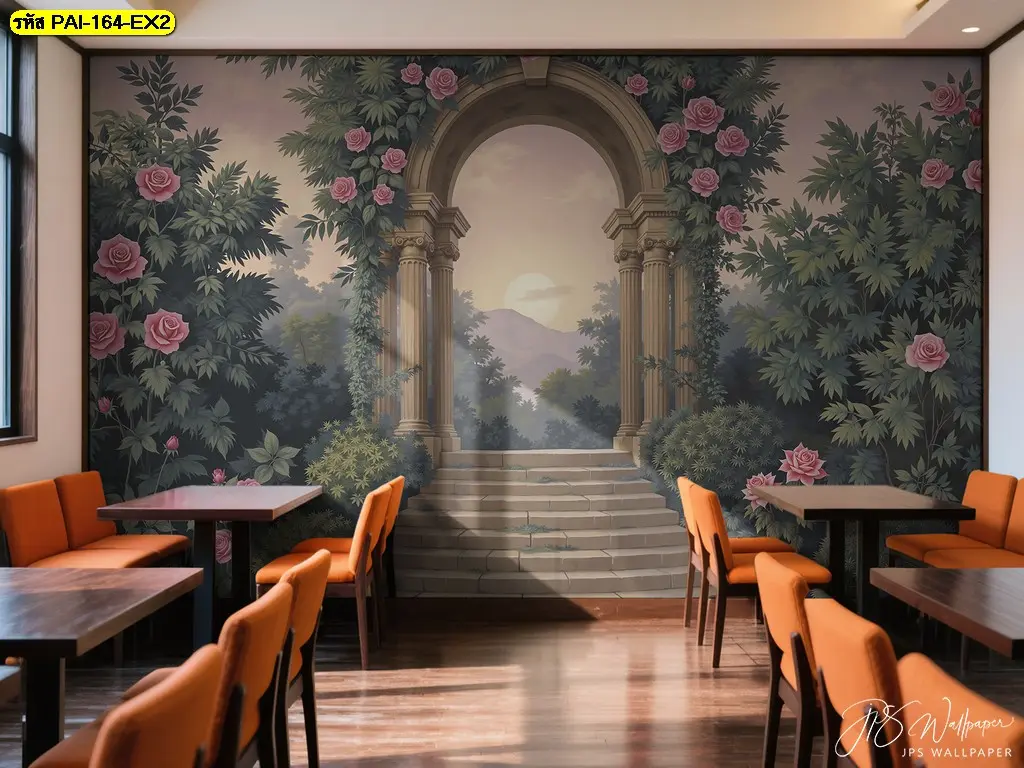 ไอเดียแต่งผนังร้านอาหารให้ดูหรู ด้วยวอลเปเปอร์ติดผนังร้านกาแฟสวยๆ ลายประตูสวนเพื่อสร้างบรรยากาศ