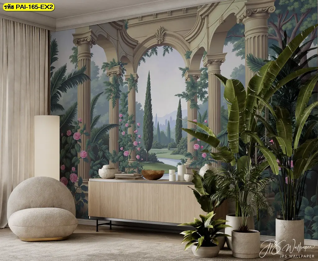 วอลเปเปอร์ภาพวาดติดผนังขนาดใหญ่เป็น Vintage garden scenery custom wallpaper แต่งห้องนั่งเล่นให้สวยงาม