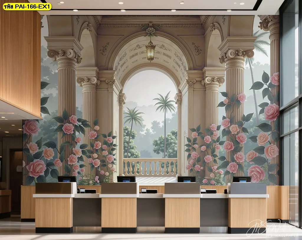 Trompe l'oeil architecture wallpaper ที่เป็นรูปภาพติดผนังลายสถาปัตยกรรมโรมัน สร้างมิติให้พื้นที่