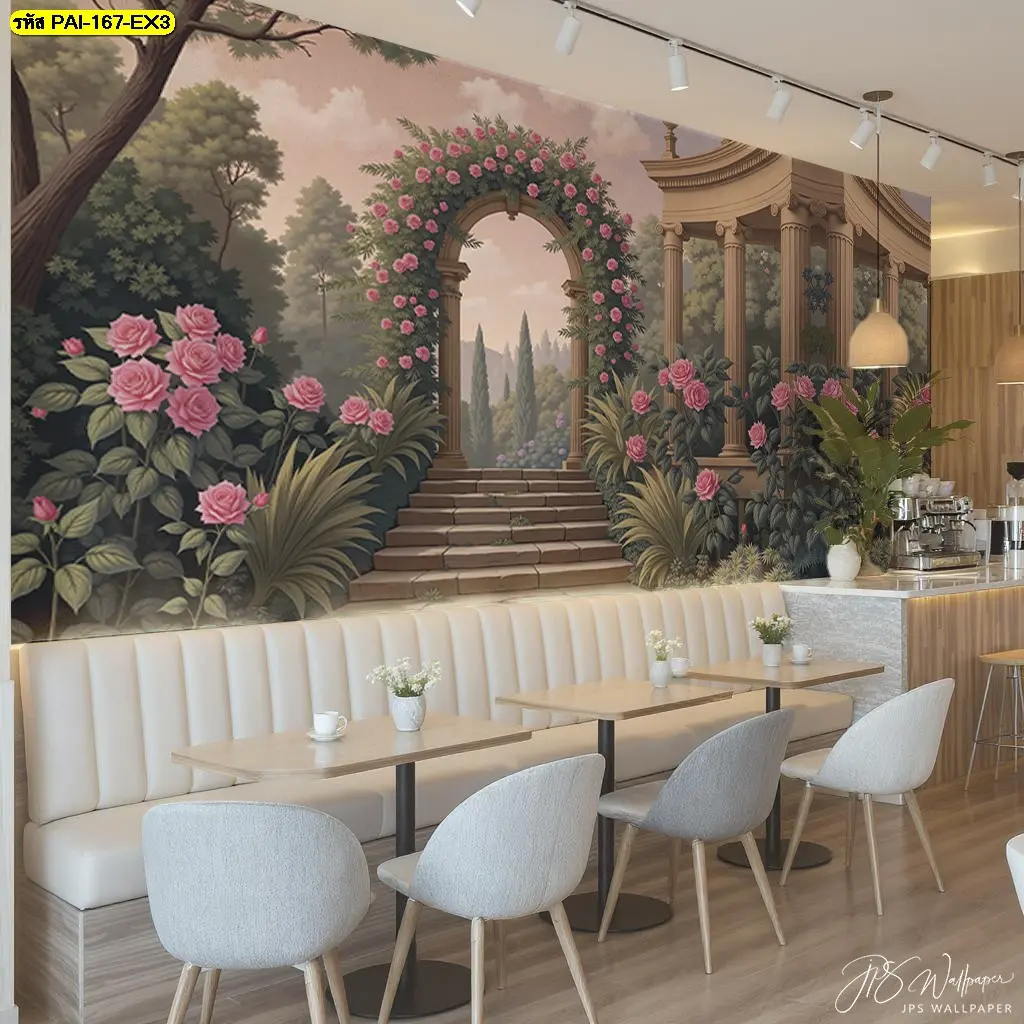วอลเปเปอร์สั่งพิมพ์ลายสวนยุโรปแต่งร้านกาแฟ และใช้ตกแต่งผนังร้านอาหารสไตล์คลาสสิกโรแมนติก