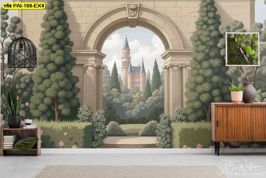 Vintage European castle landscape mural วอลเปเปอร์ติดผนังลายธรรมชาติคลาสสิกคู่กับเฟอร์นิเจอร์ไม้