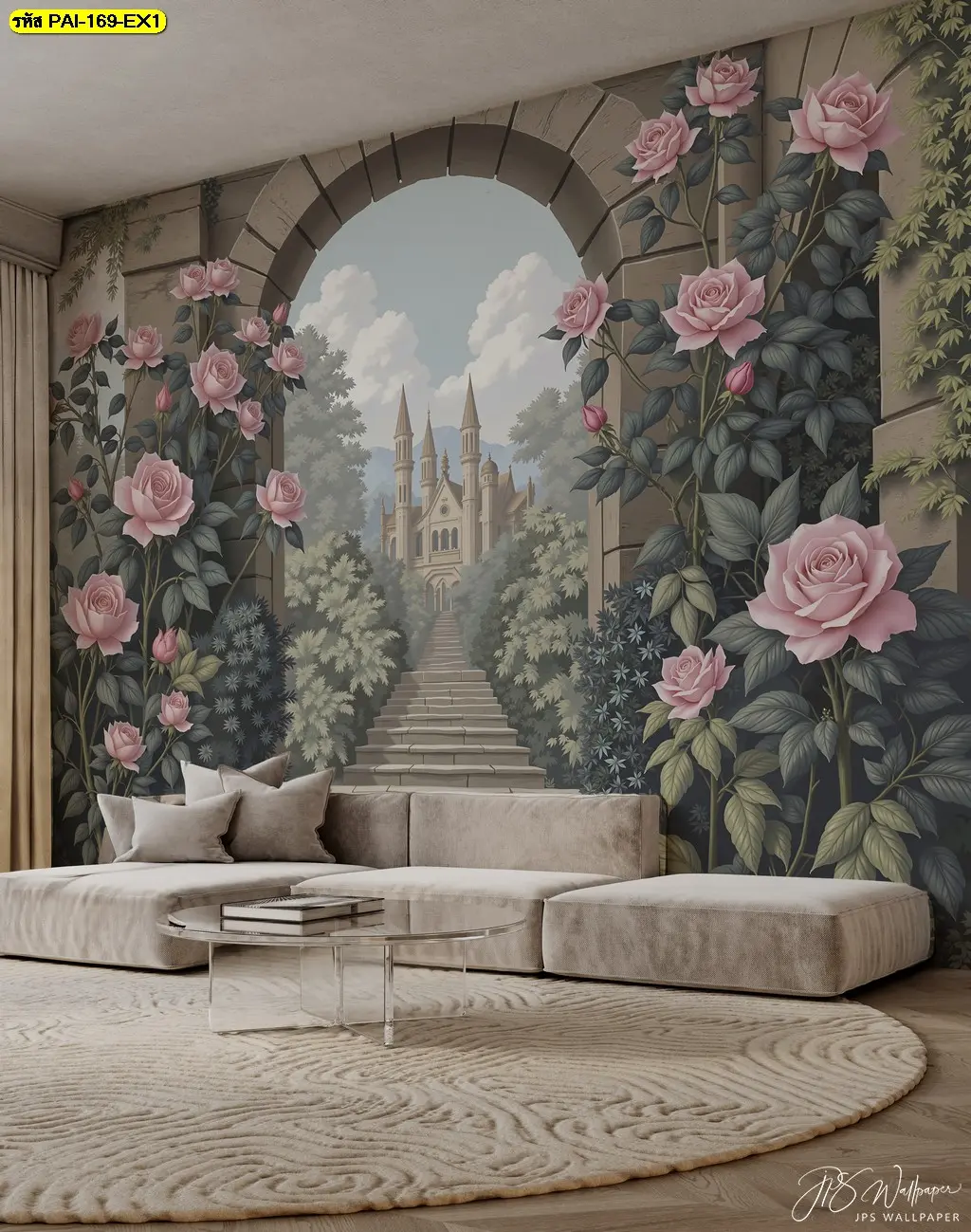 รูปภาพแต่งผนังโรงแรมสไตล์วินเทจคลาสสิก ใช้เป็น Classic European castle wallpaper for hotel room ในห้องนั่งเล่น