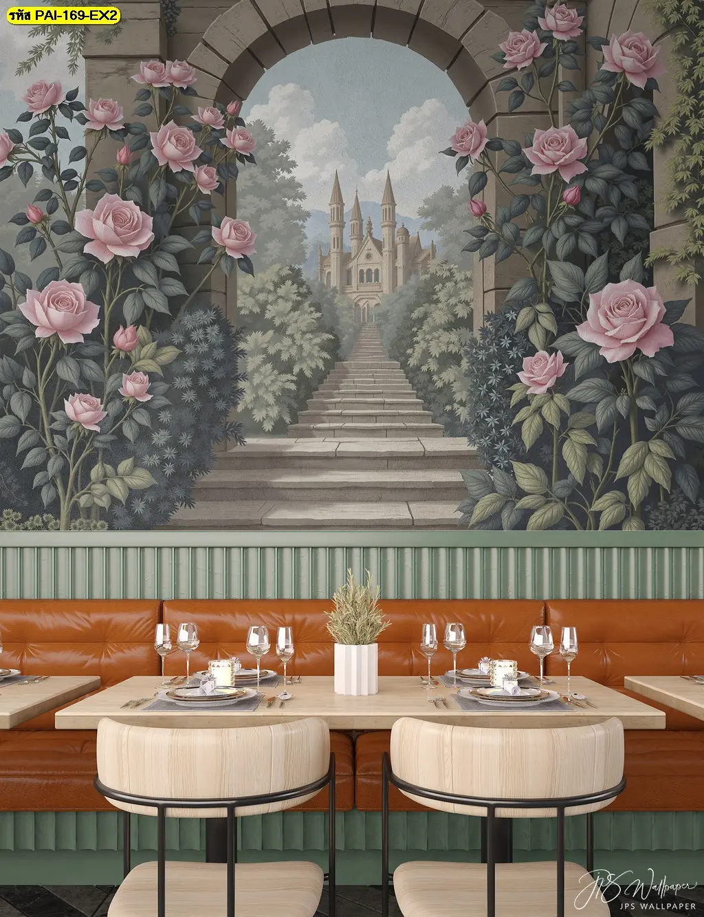 วอลเปเปอร์ลายปราสาทยุโรปสำหรับห้องพักและร้านอาหาร Rose and castle wall mural for hospitality design