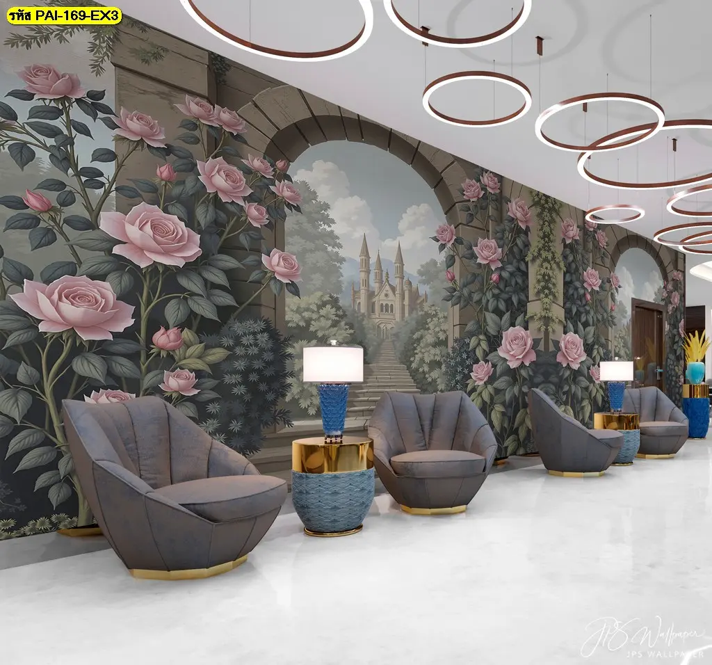 วอลเปเปอร์ติดผนังห้องสวีทลายดอกไม้หรูหรา เป็น Custom printed luxury wallpaper for hotel suite ที่โดดเด่น