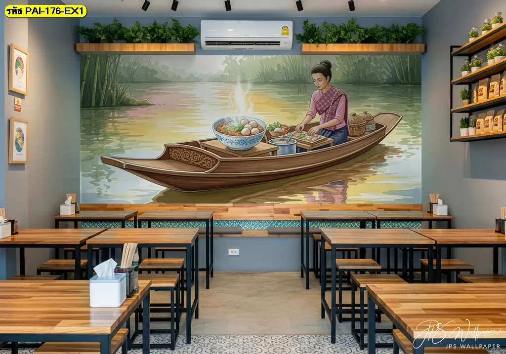 วอลเปเปอร์สั่งพิมพ์ลายไทยโมเดิร์นแต่งร้านก๋วยเตี๋ยว เพิ่มเสน่ห์ให้ร้าน่านั่งด้วยภาพวาดวิถีชีวิตริมน้ำ