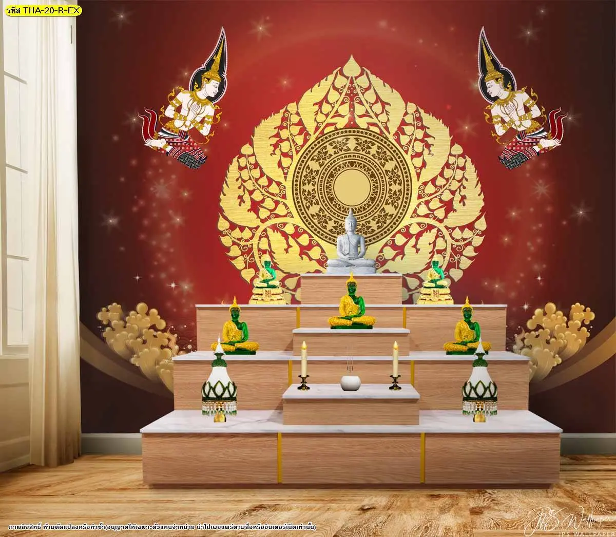 วอลเปเปอร์ห้องพระโทนแดงทอง Custom print Bodhi leaf wall mural สร้างมุมสักการะหรูหราและศักดิ์สิทธิ์