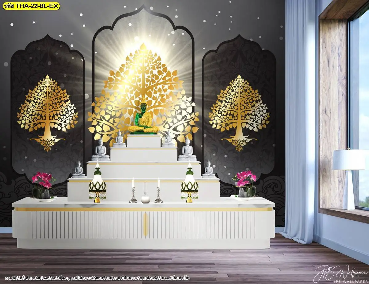 ภาพติดผนังห้องพระแบบทันสมัย ดีไซน์ Luxury Buddha wall mural design พื้นหลังสีดำ
