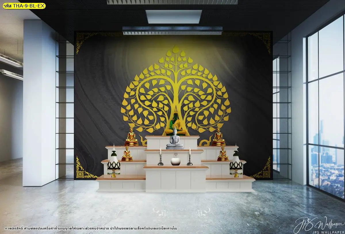 วอลเปเปอร์ห้องพระโทนดำทอง ขนาดใหญ่ ศิลป์พุทธ เติมบรรยากาศสง่างาม