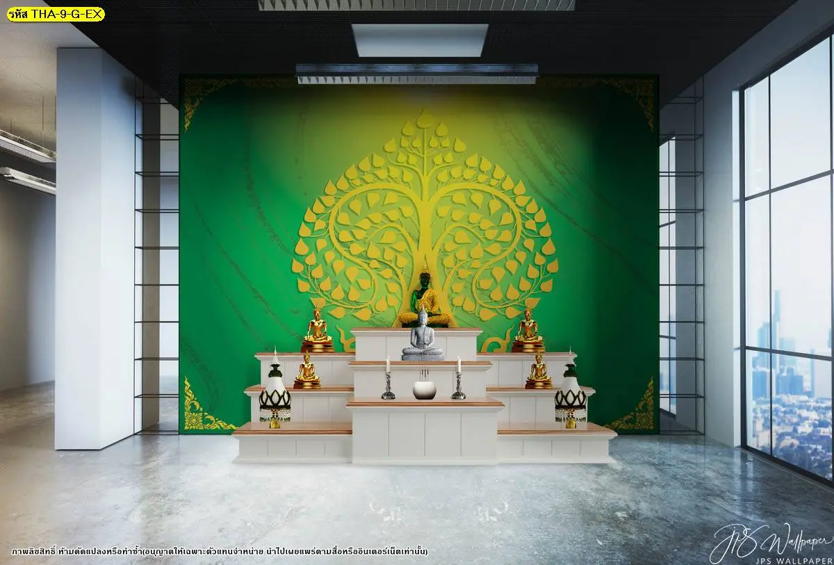วอลเปเปอร์ห้องพระโทนเขียวทอง ขนาดใหญ่ ศิลป์พุทธ ร่มเย็นเสริมสมาธิ
