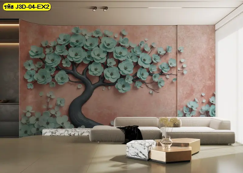 วอลเปเปอร์ดอกไม้หรูหราสีฟ้า ตัดกับผนังโทนชมพู สร้างมุมมองสวยงามทันสมัย เหมาะใช้เป็นวอลเปเปอร์สามมิติแต่งผนัง
