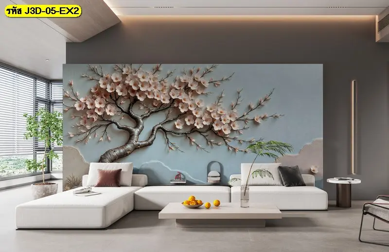 วอลเปเปอร์สามมิติแต่งผนังลายดอกไม้สีชมพูอ่อน สร้างบรรยากาศสดชื่น หรูหรา และเหมาะใช้ตกแต่งผนังห้องรับแขก