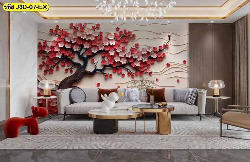ตกแต่งผนังห้องรับแขกด้วยวอลเปเปอร์ดอกไม้หรูหราสีแดงสด ดีไซน์ลายสามมิติแต่งผนัง ช่วยเพิ่มความโดดเด่นให้ห้อง