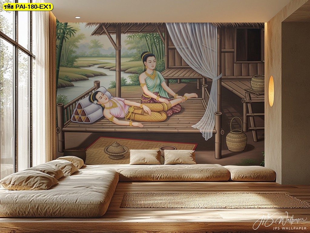 วอลเปเปอร์ภาพไทยโบราณลายหญิงไทยนวดแผนโบราณบนเรือนไทย เหมาะตกแต่งสปาและผนังห้องนวดไทย