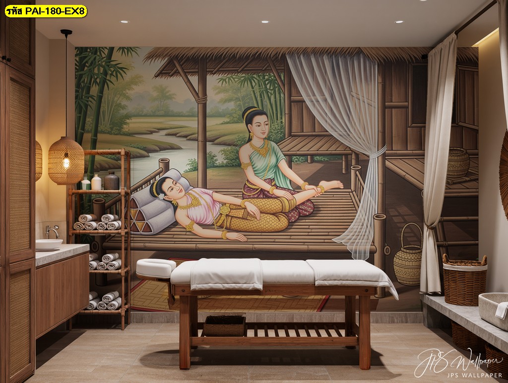 วอลเปเปอร์ภาพไทยโบราณลายหญิงไทยแต่งชุดโบราณบนเรือนไทย เหมาะตกแต่งสปาและผนังห้องนวดไทย