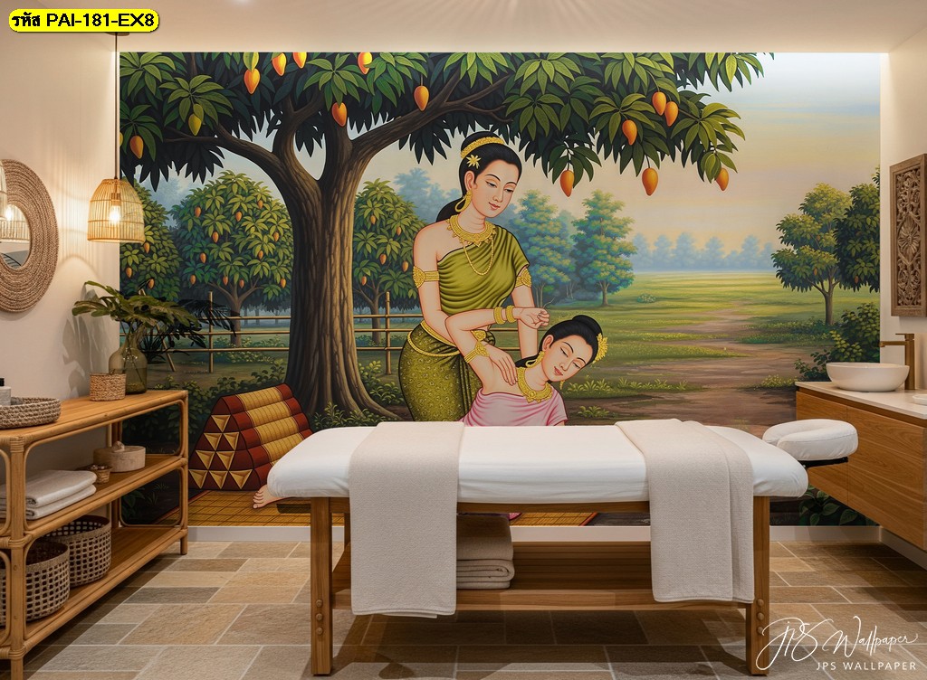 วอลเปเปอร์ภาพไทยโบราณลายหญิงไทยนวดแผนไทย เหมาะตกแต่งสปาและผนังห้องนวดไทยแนวไทยดั้งเดิม