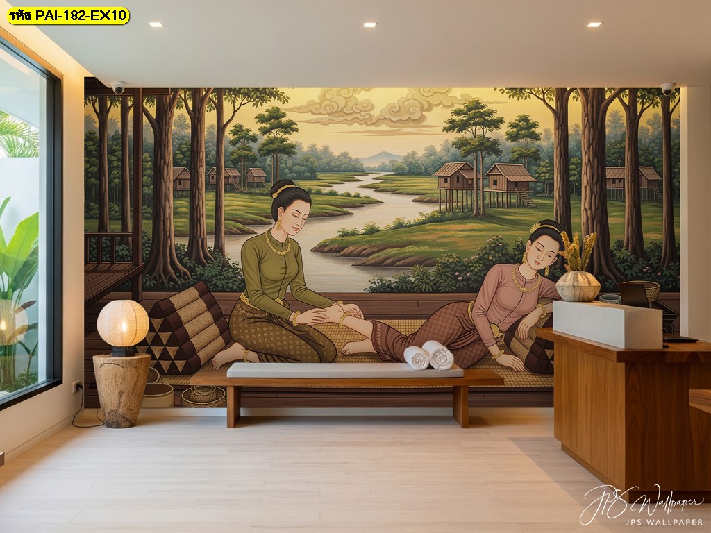 วอลเปเปอร์ภาพไทยโบราณลายหญิงไทยในเรือนไม้ริมน้ำ เหมาะตกแต่งผนังห้องนวดไทยและร้านสปา