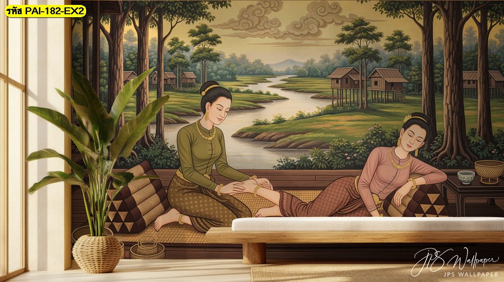 วอลเปเปอร์ภาพไทยโบราณแนวหญิงไทยในเรือนไม้ริมน้ำ เหมาะตกแต่งสปาและผนังห้องนวดไทย