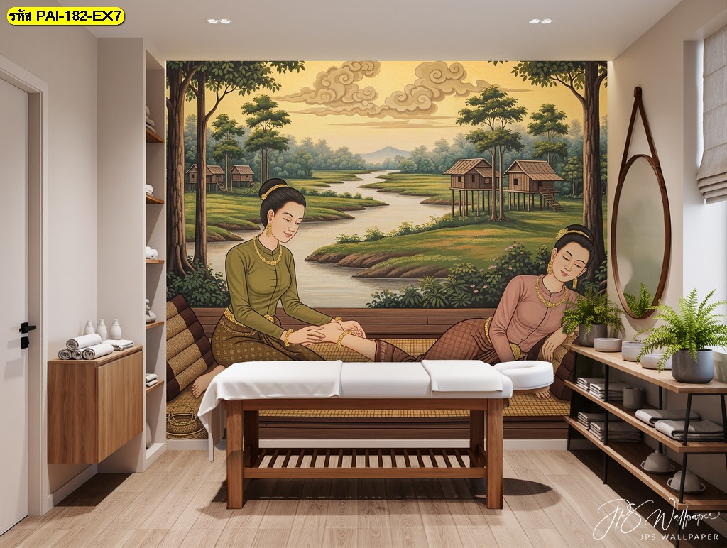 วอลเปเปอร์ภาพไทยโบราณลายหญิงไทยในบรรยากาศเรือนไทย เหมาะตกแต่งสปาและผนังห้องนวดไทย