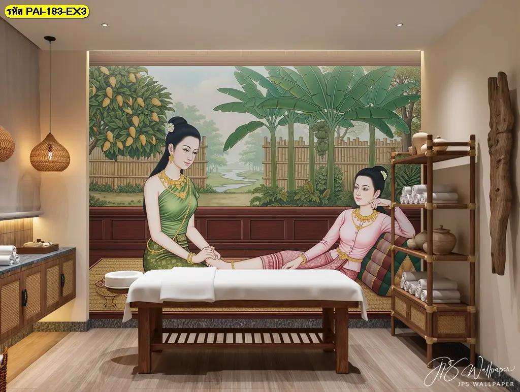 วอลเปเปอร์ภาพไทยโบราณลายหญิงไทยในบ้านไม้ เหมาะตกแต่งสปาและผนังห้องนวดไทยสไตล์ไทยดั้งเดิม