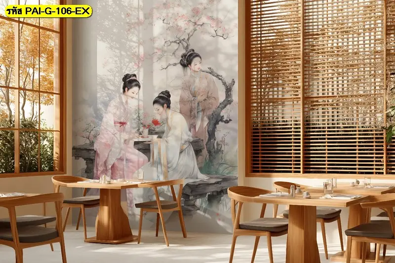ภาพวาดแนวเอเชียตะวันออก หญิงสาวสามคนในสวนดอกไม้ สร้างความอ่อนโยนและโรแมนติกในร้านอาหาร
