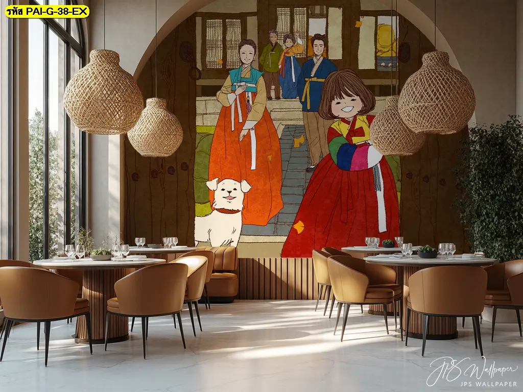 วอลเปเปอร์ภาพครอบครัวเกาหลีพร้อมสุนัขยิ้มสดใสหน้าบ้านไม้ สั่งผลิตจากโรงงานขายส่ง