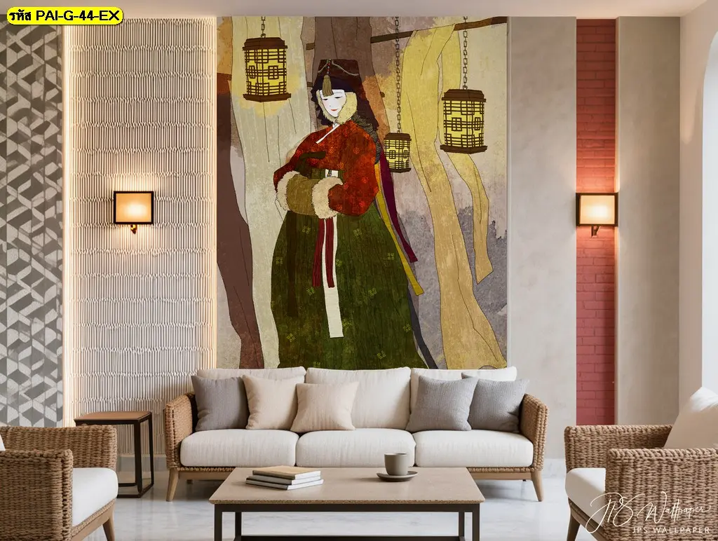 วอลเปเปอร์ภาพหญิงสาวเกาหลีถือโคมไฟชุดคลุมขนสัตว์ สั่งผลิตจากโรงงานขายส่ง ตกแต่งผนังร้านอาหารหรือห้องพักหรูโทนอบอุ่น