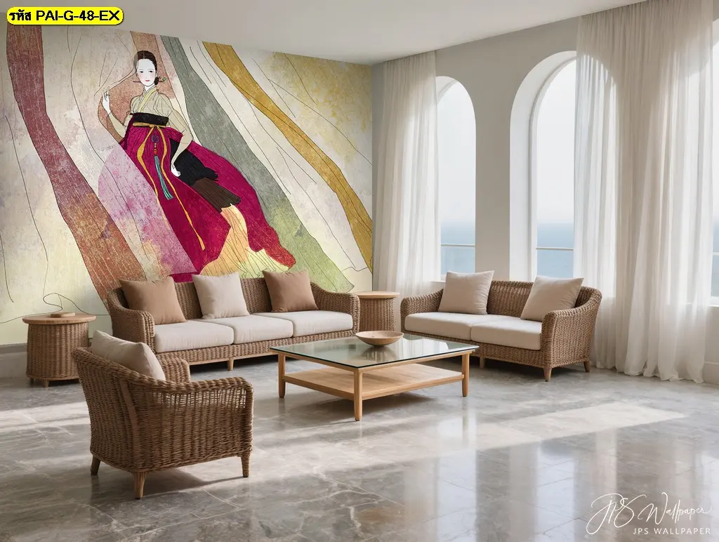 วอลเปเปอร์ภาพหญิงสาวเกาหลีชุดฮันบกสีแดงพื้นหลังนุ่มนวล สั่งผลิตจากโรงงานขายส่ง ตกแต่งผนังห้องรับแขกพรีเมียม