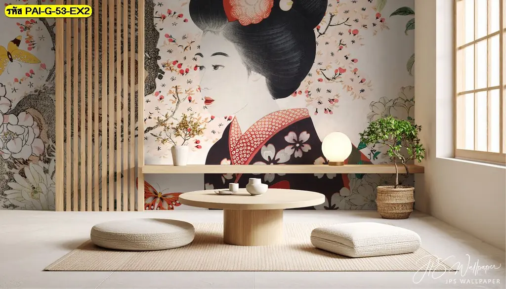 วอลเปเปอร์ภาพหญิงกิโมโนญี่ปุ่นลายดอกไม้พื้นหลังชมพูอ่อน สั่งผลิตโดยโรงงานขายส่ง