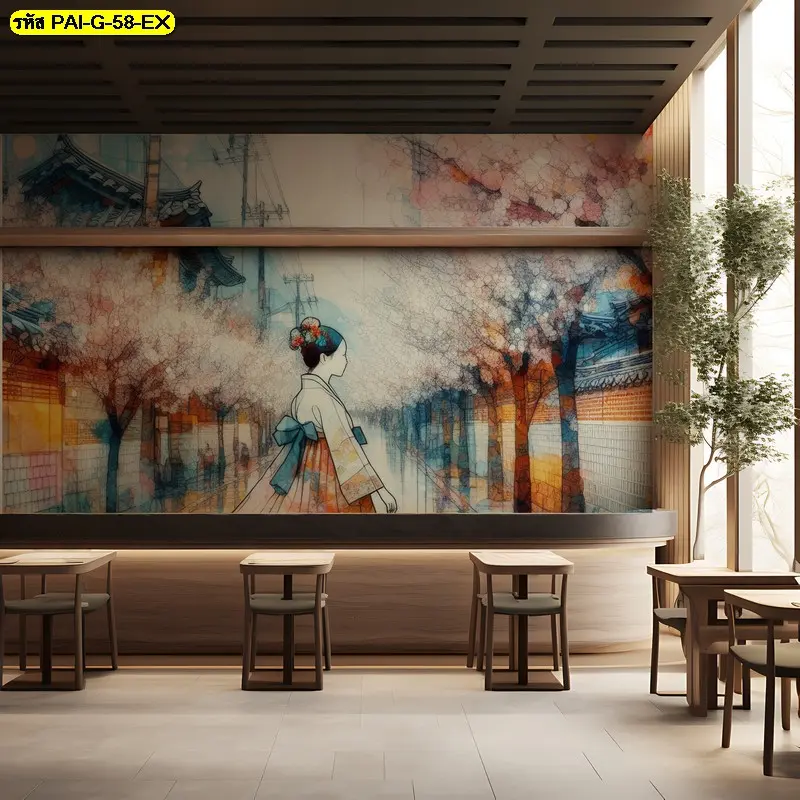 วอลเปเปอร์คาเฟ่เกาหลี ลายหญิงสาวชุดฮันบกเดินท่ามกลางซากุระในเมืองโบราณ สร้างบรรยากาศอบอุ่นคลาสสิก