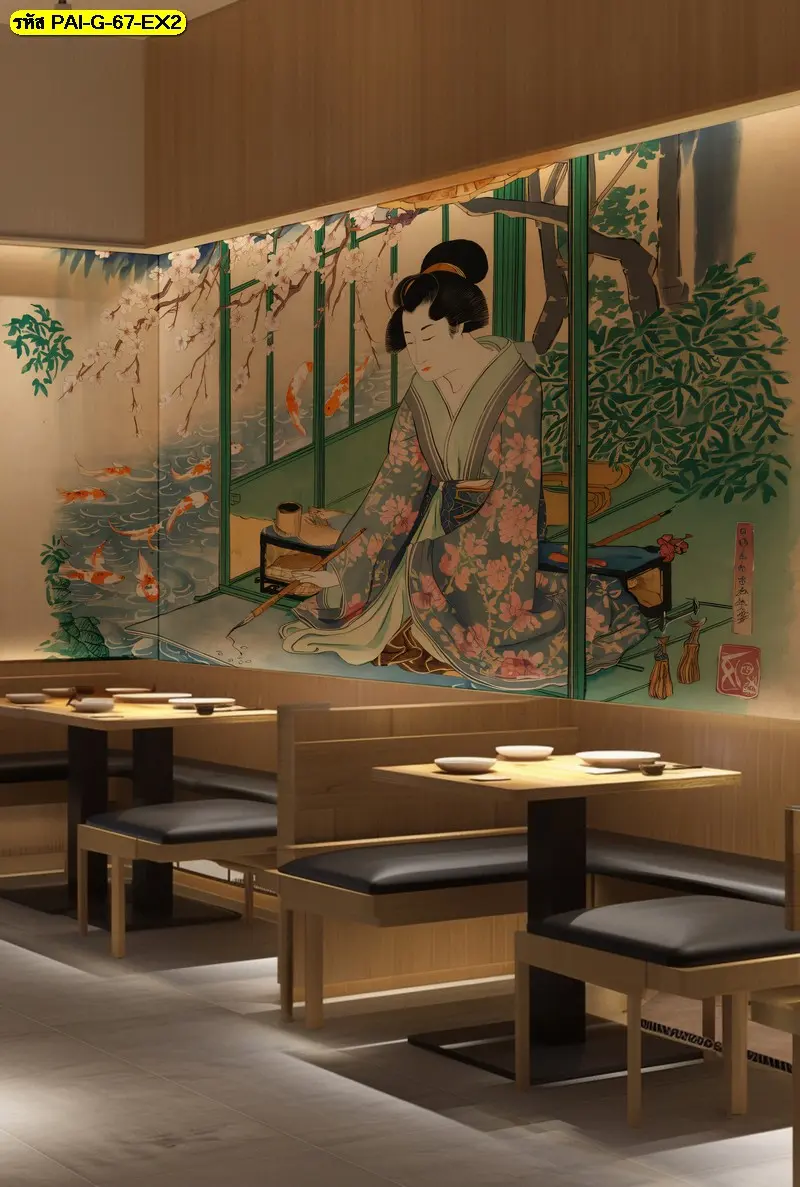 ภาพวาดเกาหลีโบราณติดผนัง หญิงสาวในชุดกิโมโนเขียนตัวอักษรริมบ่อปลา เติมเต็มบรรยากาศดั้งเดิม