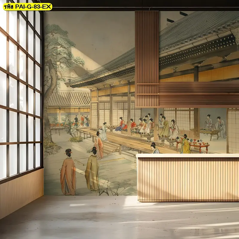 ภาพวาดวัฒนธรรมเกาหลีโบราณ บนวอลเปเปอร์วินเทจเกาหลี เหมาะกับการตกแต่งร้านกาแฟสไตล์ย้อนยุคให้ดูมีเรื่องราว