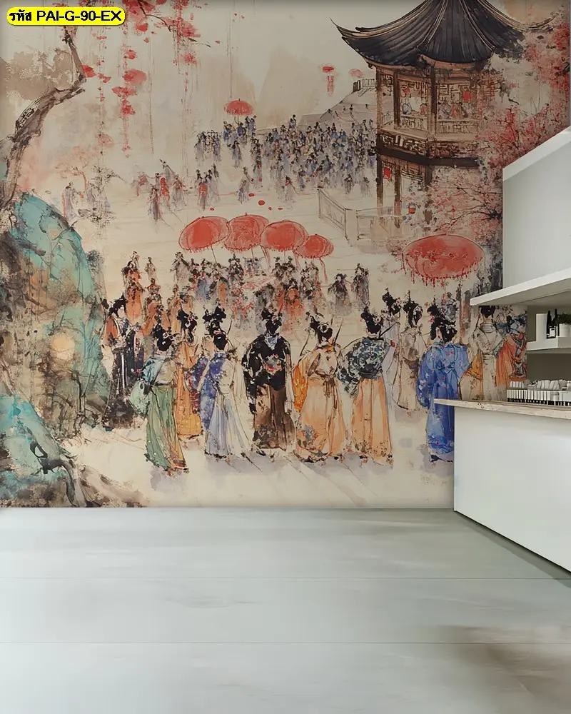 ภาพวาดวัฒนธรรมเกาหลีโบราณ ลายขบวนพิธีการสุดอลังการ เหมาะกับวอลเปเปอร์วินเทจเกาหลีสำหรับตกแต่งร้านกาแฟสไตล์ย้อนยุค