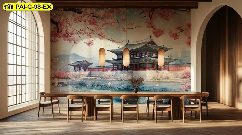 ภาพวาดเอเชียโบราณติดผนัง แสดงสถาปัตยกรรมพระราชวังเกาหลี สร้างบรรยากาศสง่างามด้วยวอลเปเปอร์โรงแรมสไตล์เอเชีย