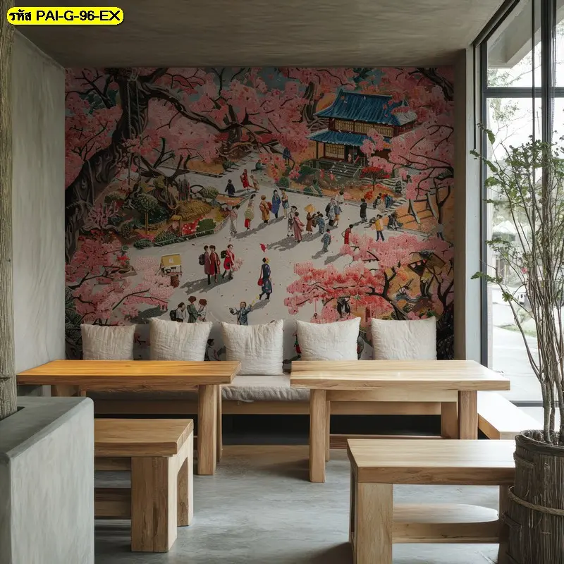 ภาพวาดวัฒนธรรมเกาหลีโบราณ ลายวิถีชีวิตชุมชนท่ามกลางดอกซากุระ เหมาะกับวอลเปเปอร์วินเทจเกาหลี ตกแต่งร้านกาแฟสไตล์ย้อนยุค