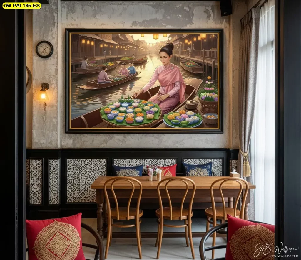 วอลเปเปอร์ลายแม่ค้าขายขนมไทย สร้างบรรยากาศคาเฟ่ขนมไทย แบบวิถีไทย