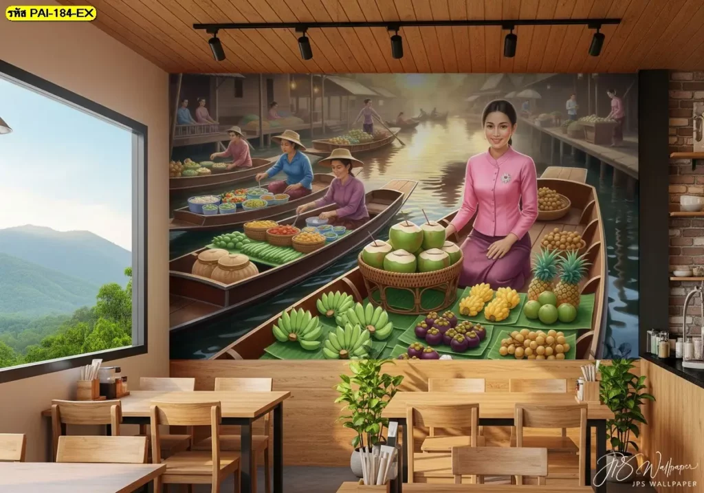 Thai floating market wall art เพิ่มเอกลักษณ์ให้ห้องอาหาร วอลเปเปอร์ภาพตลาดน้ำไทยแนววินเทจสำหรับตกแต่งร้านอาหาร