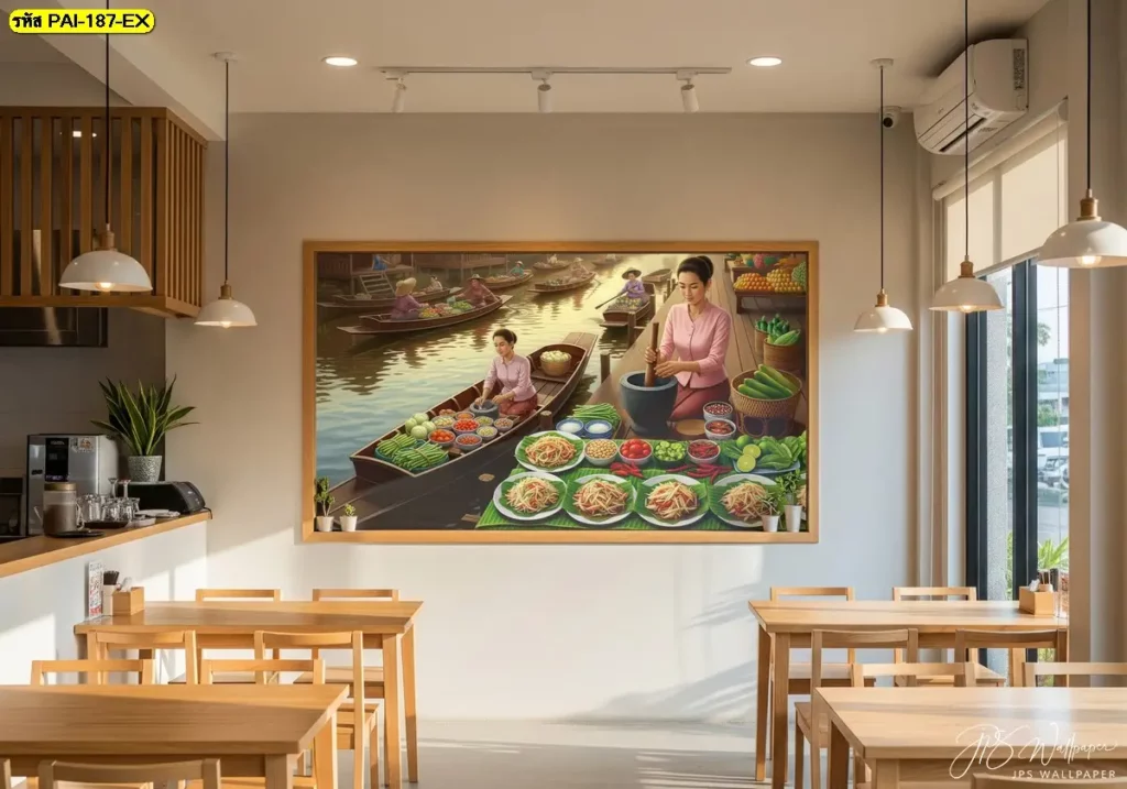 ภาพวาดไทยแม่ค้าขายส้มตำในตลาดน้ำ เพิ่มชีวิตชีวาร้านอาหารอีสาน
วอลเปเปอร์ภาพวาดตลาดน้ำไทย กับมุมผนังร้านส้มตำสุดอบอุ่น