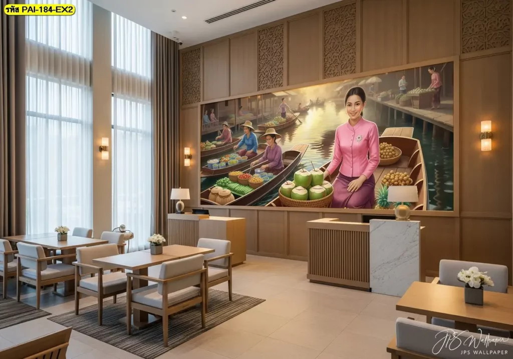 ภาพแม่ค้าขายผลไม้กับบรรยากาศร้านอาหารร่วมสมัย Thai floating market wall art สำหรับห้องรับรองและล็อบบี้