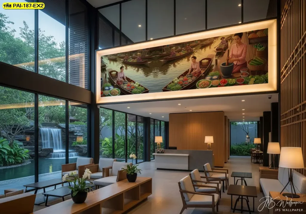 ภาพวาดแม่ค้าขายอาหารพื้นบ้าน บอกเล่าเรื่องราวอาหารไทยดั้งเดิม
ภาพตกแต่งร้านอาหารอีสานโบราณ สไตล์ไทยวินเทจตลาดน้ำอบอุ่น