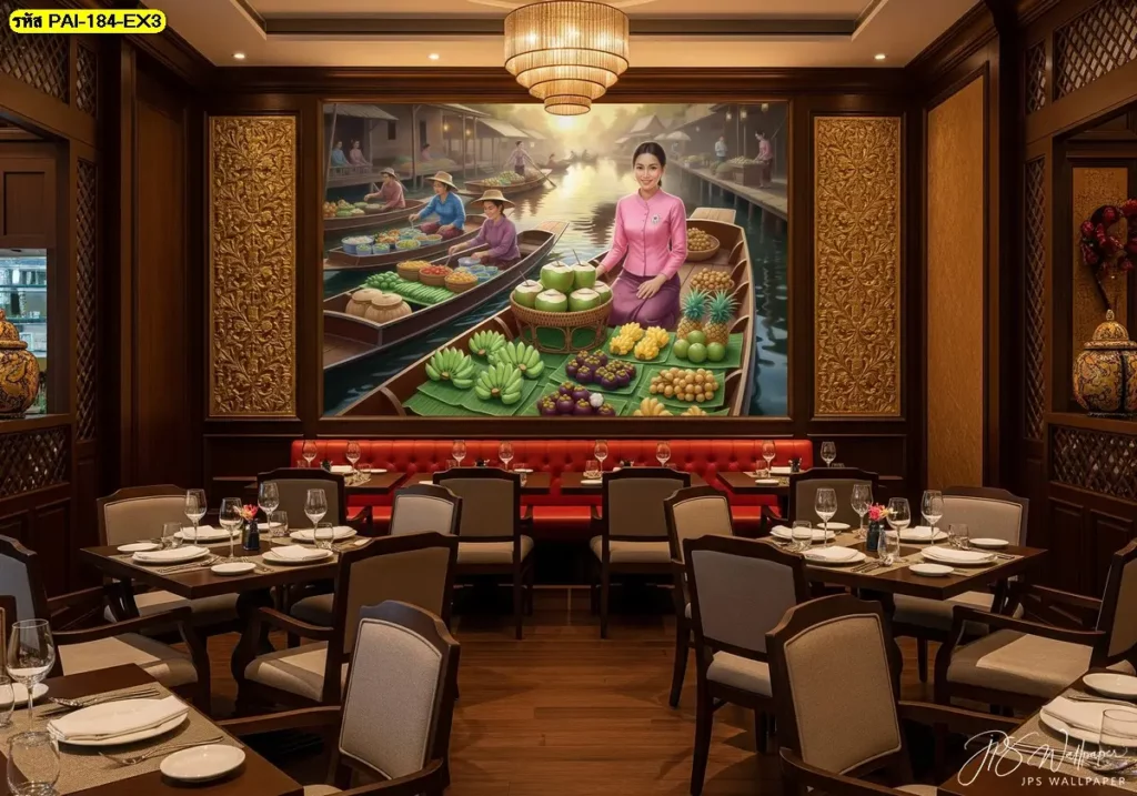 Thai culture wallpaper design สำหรับห้องอาหารหรือรีสอร์ต ภาพวิถีชีวิตไทยโบราณกับร้านอาหารโทนไม้สีอบอุ่น