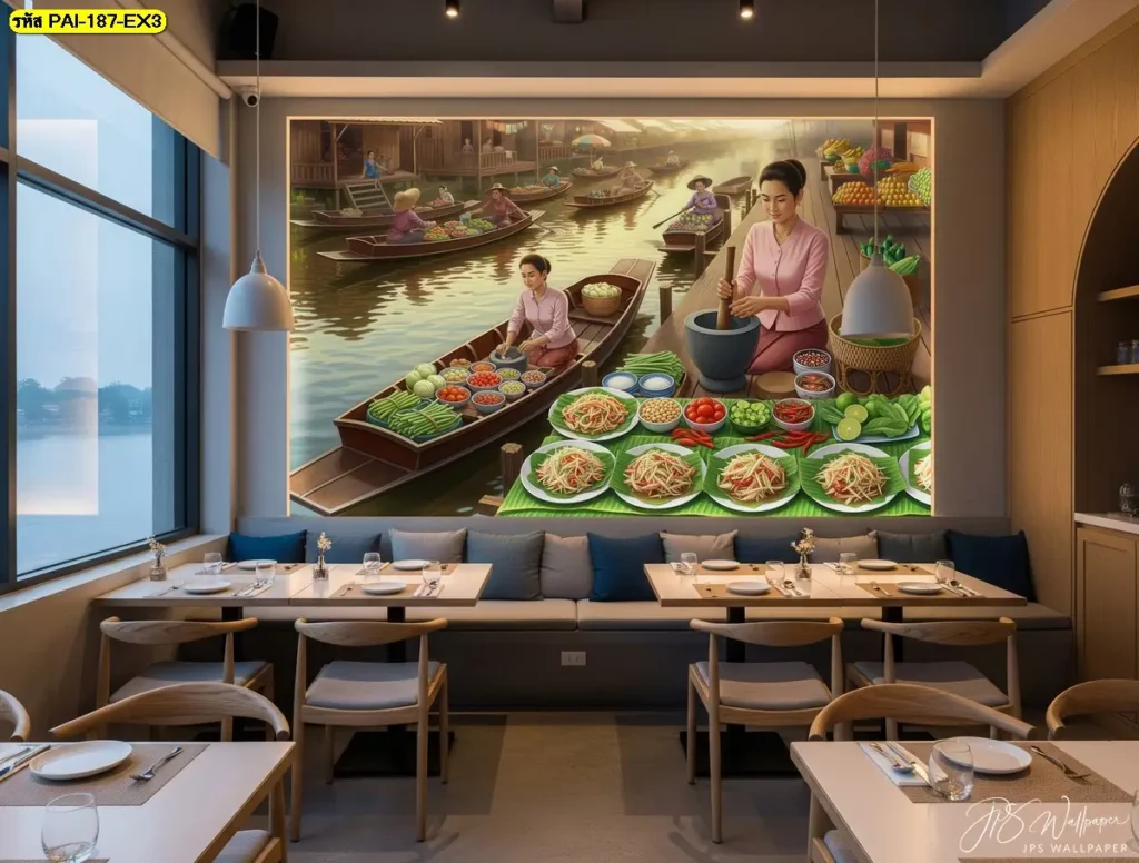 ภาพศิลปะไทยโบราณตลาดน้ำ สื่อกลิ่นอายความไทยในร้านอาหารพื้นบ้าน
ภาพวาดวิถีชีวิตคนไทยขายอาหาร เติมเสน่ห์ให้ร้านอีสานดูมีชีวิตชีวา