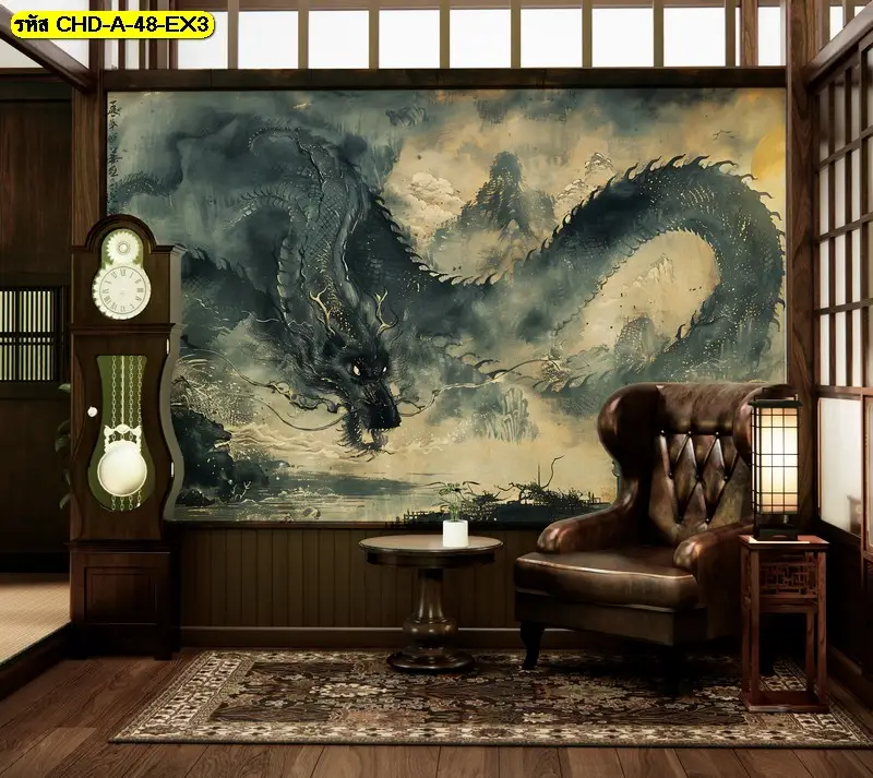 ภาพศิลปะมังกรจีนบนวอลเปเปอร์ที่จัดวางหลังชั้นตั้งของสักการะ ช่วยให้วัตถุมงคล–ของไหว้ดูโดดเด่นเข้ากับฉากหลัง