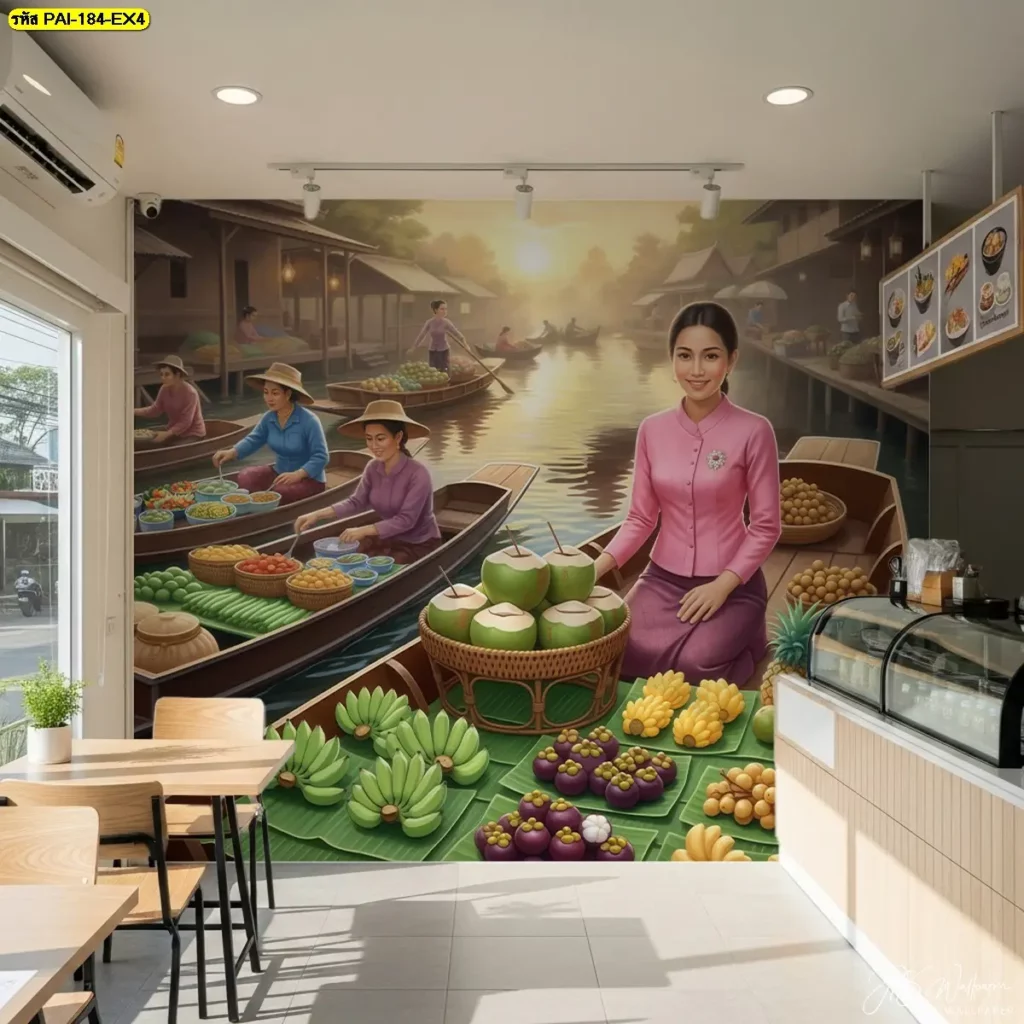 ภาพตลาดน้ำวิถีชีวิตไทยตกแต่งร้านอาหารและคาเฟ่ Floating market mural for restaurant ภาพวาดไทยแนววินเทจ