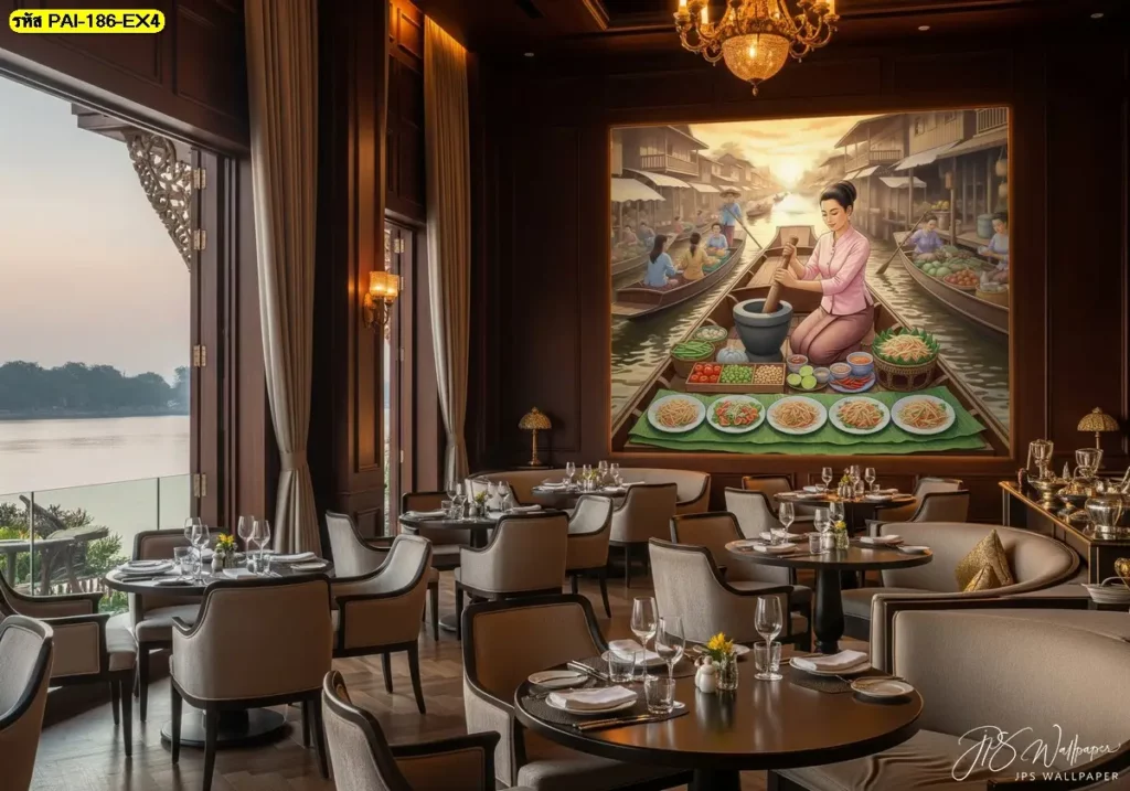 Thai papaya salad mural ศิลปะตกแต่งร้านอาหารไทยโทนอบอุ่น วอลเปเปอร์ลายแม่ค้าขายอาหารในตลาดน้ำ ผสมความคลาสสิกและโมเดิร์น