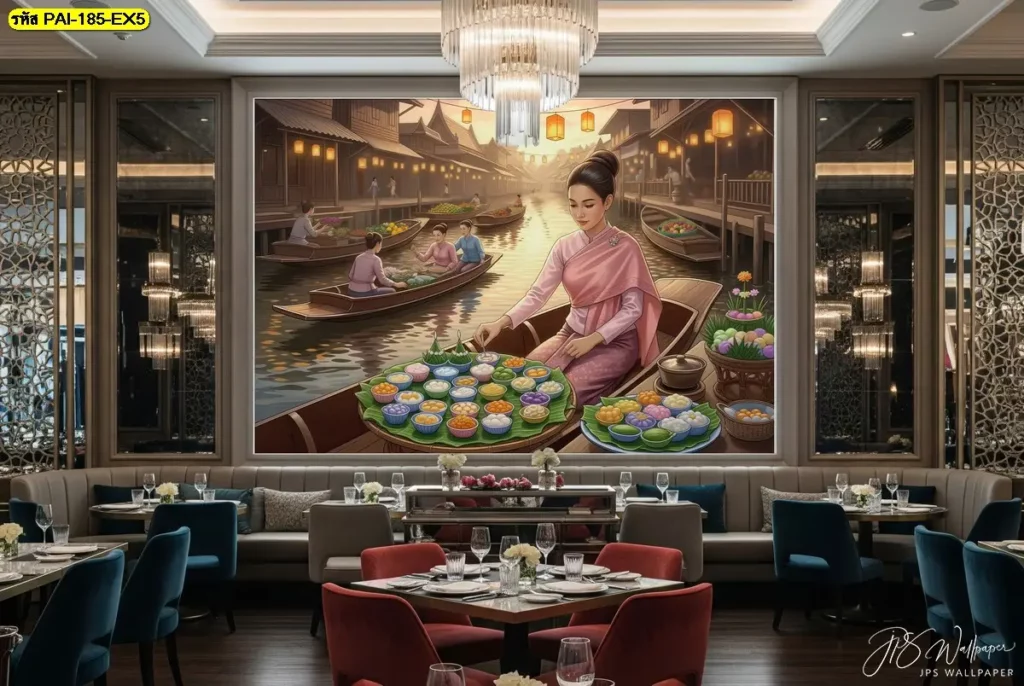ภาพวาดติดผนัง วอลเปเปอร์ลายแม่ค้าขายขนมไทยในตลาดน้ำเน้นสีสันอบอุ่น ตกแต่งโรงแรม ร้านอาหาร