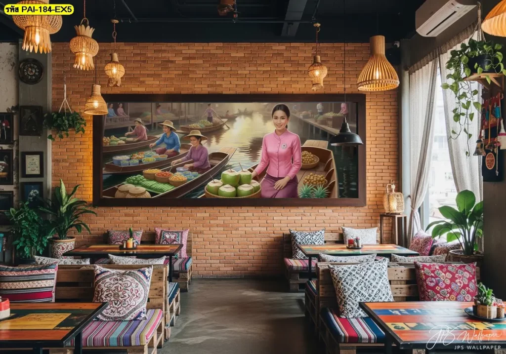 Thai floating market wall art เพิ่มเอกลักษณ์ให้ห้องอาหาร ภาพวาดตลาดน้ำไทยโทนอบอุ่น เพิ่มเสน่ห์ให้ร้านอาหารสไตล์ไทย
