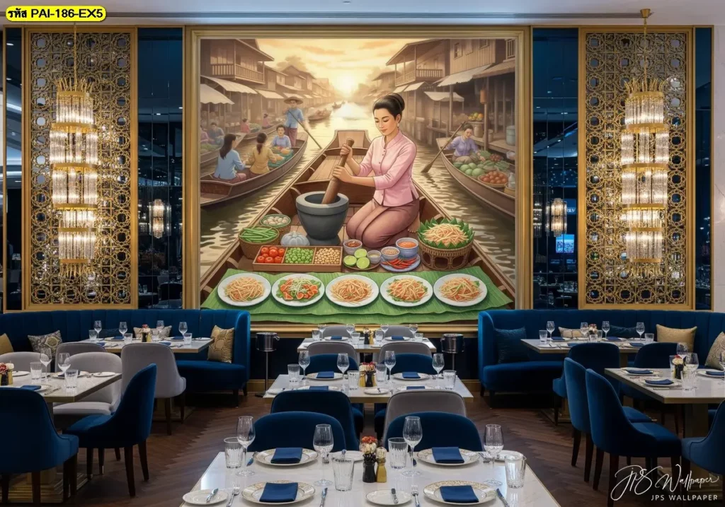 Thai Isan food wall art ดีไซน์ร่วมสมัย สะท้อนเอกลักษณ์อาหารไทย ภาพแม่ค้าส้มตำพร้อมเครื่องส้มตำไทย สื่อถึงความอร่อยแบบไทยแท้
